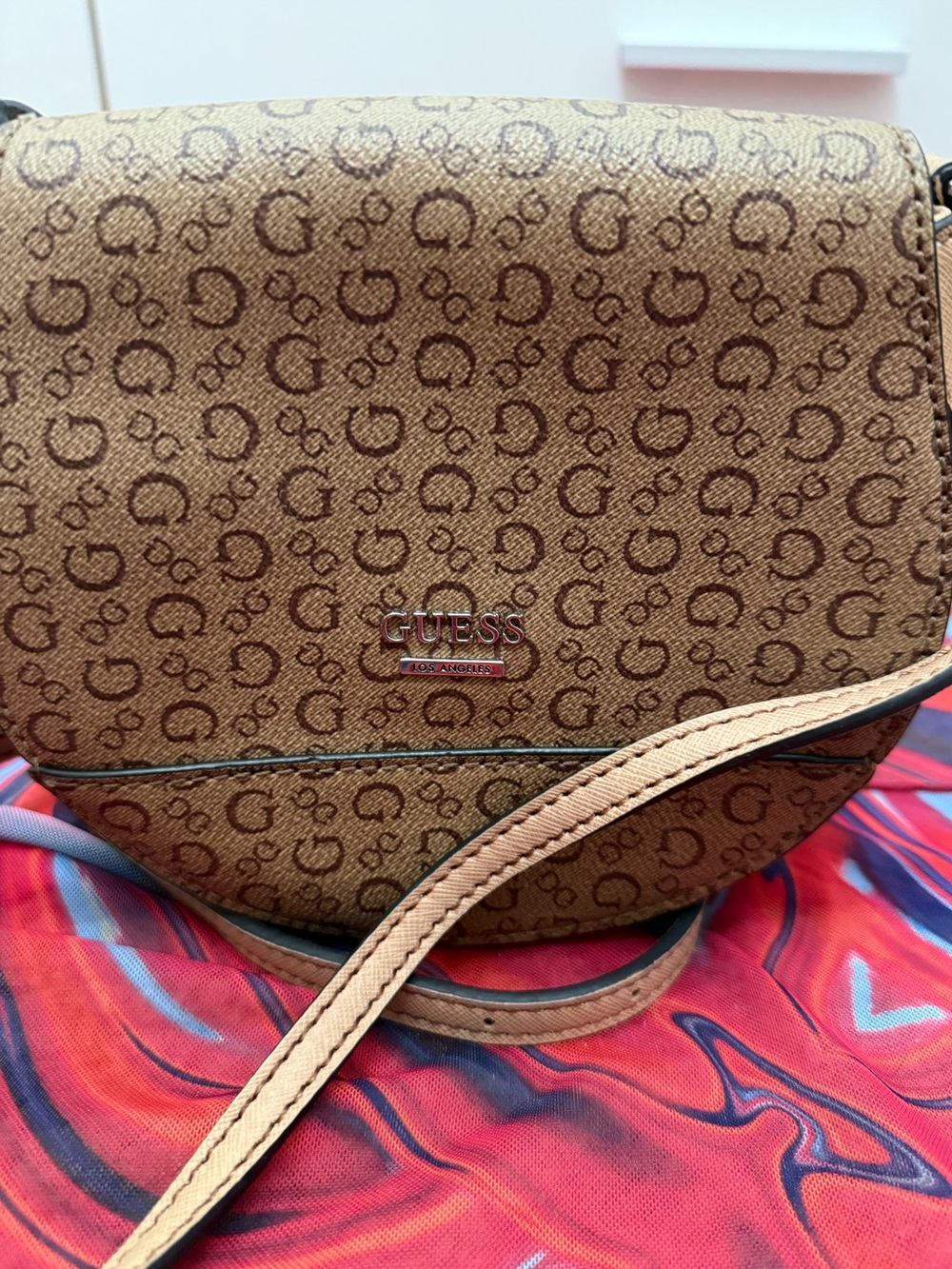 GUESS Brown 4G Monogram Logo Flap Saddle Crossbody Bag - Picture 6 of 7
